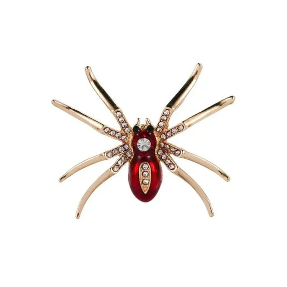 Gold-Tone Spider Brooch Pin with Red Rhinestone Body - Picture 1 of 2